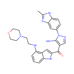 Cc1nc2cc(-n3ncc(C(=O)c4cc5c(NCCN6CCOCC6)cccc5[nH]4)c3N)ccc2[nH]1 ZINC000149879739