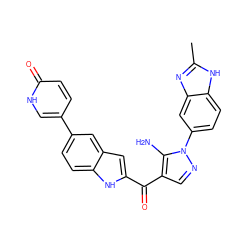 Cc1nc2cc(-n3ncc(C(=O)c4cc5cc(-c6ccc(=O)[nH]c6)ccc5[nH]4)c3N)ccc2[nH]1 ZINC000150037075