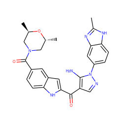 Cc1nc2cc(-n3ncc(C(=O)c4cc5cc(C(=O)N6C[C@@H](C)O[C@H](C)C6)ccc5[nH]4)c3N)ccc2[nH]1 ZINC000149888006