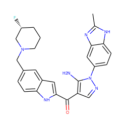 Cc1nc2cc(-n3ncc(C(=O)c4cc5cc(CN6CCC[C@@H](F)C6)ccc5[nH]4)c3N)ccc2[nH]1 ZINC000149960901