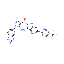 Cc1nc2cc(-n3ncc(C(=O)c4cc5ccc(-c6ccc(C(F)(F)F)cn6)cc5[nH]4)c3N)ccc2[nH]1 ZINC000150320377