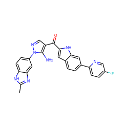 Cc1nc2cc(-n3ncc(C(=O)c4cc5ccc(-c6ccc(F)cn6)cc5[nH]4)c3N)ccc2[nH]1 ZINC000149944755