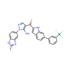 Cc1nc2cc(-n3ncc(C(=O)c4cc5ccc(-c6cccc(C(F)(F)F)c6)cc5[nH]4)c3N)ccc2[nH]1 ZINC000149883872