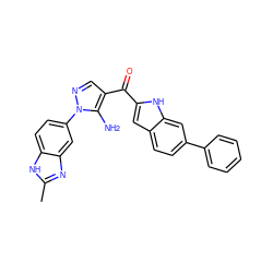 Cc1nc2cc(-n3ncc(C(=O)c4cc5ccc(-c6ccccc6)cc5[nH]4)c3N)ccc2[nH]1 ZINC000150062682