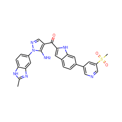 Cc1nc2cc(-n3ncc(C(=O)c4cc5ccc(-c6cncc(S(C)(=O)=O)c6)cc5[nH]4)c3N)ccc2[nH]1 ZINC000150154924