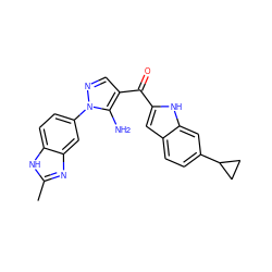 Cc1nc2cc(-n3ncc(C(=O)c4cc5ccc(C6CC6)cc5[nH]4)c3N)ccc2[nH]1 ZINC000149886093