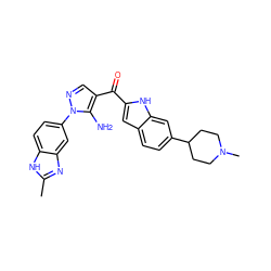 Cc1nc2cc(-n3ncc(C(=O)c4cc5ccc(C6CCN(C)CC6)cc5[nH]4)c3N)ccc2[nH]1 ZINC000150118750