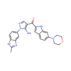 Cc1nc2cc(-n3ncc(C(=O)c4cc5ccc(N6CCOCC6)cc5[nH]4)c3N)ccc2[nH]1 ZINC000150026570