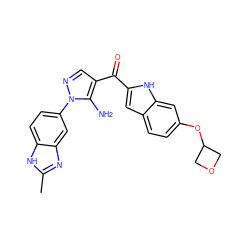 Cc1nc2cc(-n3ncc(C(=O)c4cc5ccc(OC6COC6)cc5[nH]4)c3N)ccc2[nH]1 ZINC000146567537