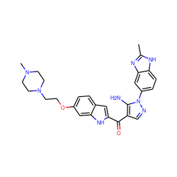 Cc1nc2cc(-n3ncc(C(=O)c4cc5ccc(OCCN6CCN(C)CC6)cc5[nH]4)c3N)ccc2[nH]1 ZINC000150011474