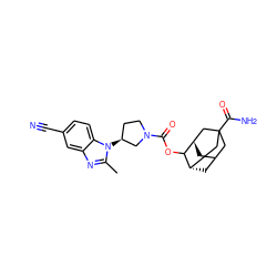 Cc1nc2cc(C#N)ccc2n1[C@H]1CCN(C(=O)OC2[C@H]3CC4C[C@H]2CC(C(N)=O)(C4)C3)C1 ZINC000147341015