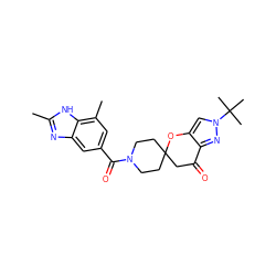 Cc1nc2cc(C(=O)N3CCC4(CC3)CC(=O)c3nn(C(C)(C)C)cc3O4)cc(C)c2[nH]1 ZINC000073296223