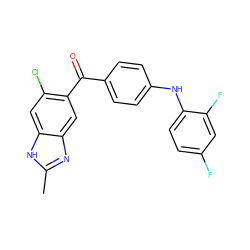 Cc1nc2cc(C(=O)c3ccc(Nc4ccc(F)cc4F)cc3)c(Cl)cc2[nH]1 ZINC000027191195