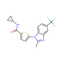 Cc1nc2cc(C(F)(F)F)ccc2n1-c1ccc(C(=O)NC2CC2)s1 ZINC000084602843