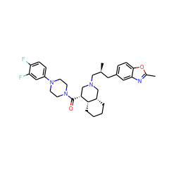 Cc1nc2cc(C[C@H](C)CN3C[C@@H](C(=O)N4CCN(c5ccc(F)c(F)c5)CC4)[C@H]4CCCC[C@H]4C3)ccc2o1 ZINC000049777423