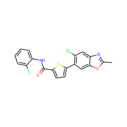 Cc1nc2cc(Cl)c(-c3ccc(C(=O)Nc4ccccc4F)s3)cc2o1 ZINC000142582925