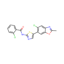 Cc1nc2cc(Cl)c(-c3cnc(NC(=O)c4ccccc4Cl)s3)cc2o1 ZINC000114457548