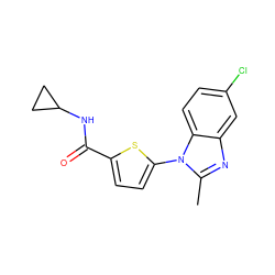 Cc1nc2cc(Cl)ccc2n1-c1ccc(C(=O)NC2CC2)s1 ZINC000084602908