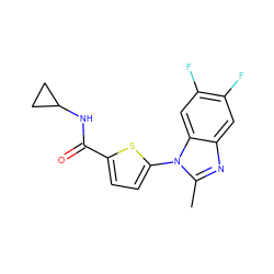 Cc1nc2cc(F)c(F)cc2n1-c1ccc(C(=O)NC2CC2)s1 ZINC000169701629