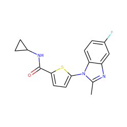 Cc1nc2cc(F)ccc2n1-c1ccc(C(=O)NC2CC2)s1 ZINC000169701592