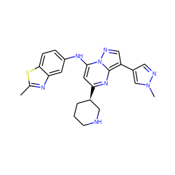 Cc1nc2cc(Nc3cc([C@@H]4CCCNC4)nc4c(-c5cnn(C)c5)cnn34)ccc2s1 ZINC000066101685