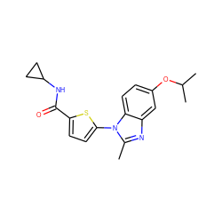 Cc1nc2cc(OC(C)C)ccc2n1-c1ccc(C(=O)NC2CC2)s1 ZINC000169701628