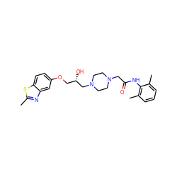 Cc1nc2cc(OC[C@H](O)CN3CCN(CC(=O)Nc4c(C)cccc4C)CC3)ccc2s1 ZINC000022453394