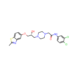 Cc1nc2cc(OC[C@H](O)CN3CCN(CC(=O)Nc4ccc(Cl)c(Cl)c4)CC3)ccc2s1 ZINC000095605951