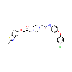 Cc1nc2cc(OC[C@H](O)CN3CCN(CC(=O)Nc4ccc(Oc5ccc(Cl)cc5)cc4)CC3)ccc2s1 ZINC000027635732