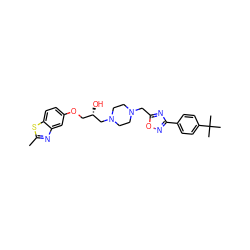 Cc1nc2cc(OC[C@H](O)CN3CCN(Cc4nc(-c5ccc(C(C)(C)C)cc5)no4)CC3)ccc2s1 ZINC000096902502