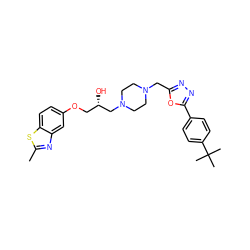 Cc1nc2cc(OC[C@H](O)CN3CCN(Cc4nnc(-c5ccc(C(C)(C)C)cc5)o4)CC3)ccc2s1 ZINC000028377285