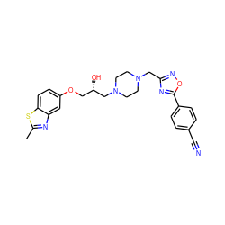 Cc1nc2cc(OC[C@H](O)CN3CCN(Cc4noc(-c5ccc(C#N)cc5)n4)CC3)ccc2s1 ZINC000028386511