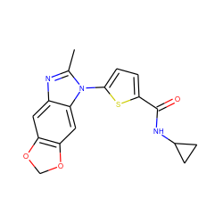 Cc1nc2cc3c(cc2n1-c1ccc(C(=O)NC2CC2)s1)OCO3 ZINC000141692948