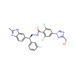 Cc1nc2ccc([C@@H](CNC(=O)c3c(Cl)cc(-n4cnc(CO)n4)cc3Cl)c3cccc(F)c3)cc2[nH]1 ZINC000653730895