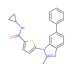 Cc1nc2ccc(-c3ccccc3)cc2n1-c1ccc(C(=O)NC2CC2)s1 ZINC000169701632