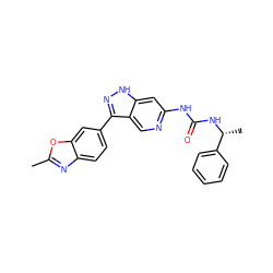 Cc1nc2ccc(-c3n[nH]c4cc(NC(=O)N[C@H](C)c5ccccc5)ncc34)cc2o1 ZINC000261132789