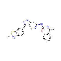 Cc1nc2ccc(-c3n[nH]c4cc(NC(=O)N[C@H](C)c5ccccc5)ncc34)cc2s1 ZINC000205432394