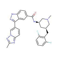 Cc1nc2ccc(-c3n[nH]c4ccc(C(=O)N[C@@H]5C[C@H](Cc6c(F)cccc6F)CN(C)C5)cc34)cn2n1 ZINC000147811210