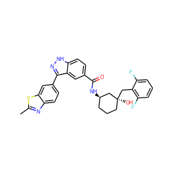 Cc1nc2ccc(-c3n[nH]c4ccc(C(=O)N[C@@H]5CCC[C@](O)(Cc6c(F)cccc6F)C5)cc34)cc2s1 ZINC000200793421