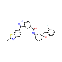 Cc1nc2ccc(-c3n[nH]c4ccc(C(=O)N[C@@H]5CCC[C@](O)(Cc6ccccc6F)C5)cc34)cc2s1 ZINC000200856315