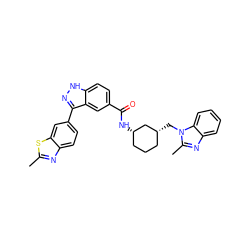 Cc1nc2ccc(-c3n[nH]c4ccc(C(=O)N[C@H]5CCC[C@@H](Cn6c(C)nc7ccccc76)C5)cc34)cc2s1 ZINC000219470351