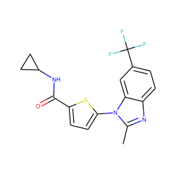 Cc1nc2ccc(C(F)(F)F)cc2n1-c1ccc(C(=O)NC2CC2)s1 ZINC000084602845