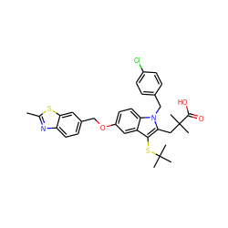 Cc1nc2ccc(COc3ccc4c(c3)c(SC(C)(C)C)c(CC(C)(C)C(=O)O)n4Cc3ccc(Cl)cc3)cc2s1 ZINC000026478560
