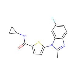 Cc1nc2ccc(F)cc2n1-c1ccc(C(=O)NC2CC2)s1 ZINC000084602902