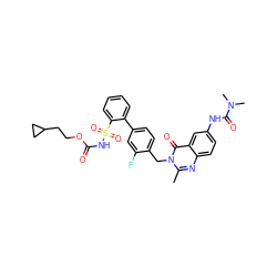 Cc1nc2ccc(NC(=O)N(C)C)cc2c(=O)n1Cc1ccc(-c2ccccc2S(=O)(=O)NC(=O)OCCC2CC2)cc1F ZINC000026386793