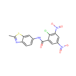 Cc1nc2ccc(NC(=O)c3cc([N+](=O)[O-])cc([N+](=O)[O-])c3Cl)cc2s1 ZINC000003223854