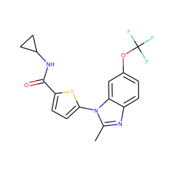 Cc1nc2ccc(OC(F)(F)F)cc2n1-c1ccc(C(=O)NC2CC2)s1 ZINC000084602841