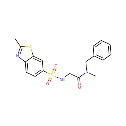 Cc1nc2ccc(S(=O)(=O)NCC(=O)N(C)Cc3ccccc3)cc2s1 ZINC000005151276