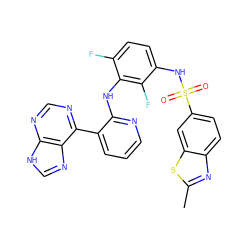 Cc1nc2ccc(S(=O)(=O)Nc3ccc(F)c(Nc4ncccc4-c4ncnc5[nH]cnc45)c3F)cc2s1 ZINC000166374433