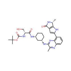 Cc1nc2cccc(-c3cc4c([nH]3)[C@@H](C)NC4=O)c2nc1N[C@H]1CCC[C@@H](NC(=O)[C@@H](CO)NC(=O)OC(C)(C)C)C1 ZINC000223431921